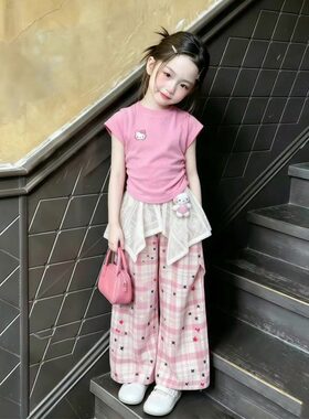 女童夏季套装2026新款多巴胺女宝宝甜美卡通印花粉色上衣屁帘裤子