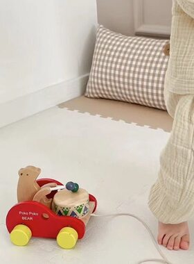 敲鼓拉拉车学步拖拉车木制玩具
