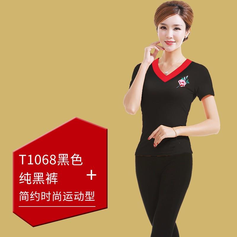 2019广场舞服装套装短袖夏季舞蹈练功服女跳舞衣服女 T1068黑色短