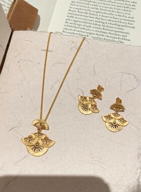 法式复古立体浮雕拉丝繁扇项链耳钉千金感镂空新中式精致百搭套装