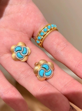 轻奢法式复古高级感绿松石排珠排钻开口戒指耳钉精致设计气质套装