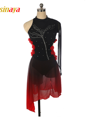 福诺花样滑冰溜冰服表演服定制女比赛裙子单袖渐变色长裙花朵闪钻