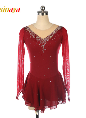 福诺花样滑冰服表演服女考斯腾比赛考级裙酒红网纱长袖多钻