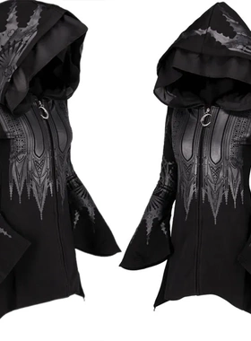 2022秋冬Ebay亚马逊欧美外贸女士朋克风黑色长款连帽印花卫衣