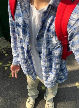 蓝色格子衬衫男春秋潮牌高街格纹长袖上衣休闲高级感痞帅衬衣外套