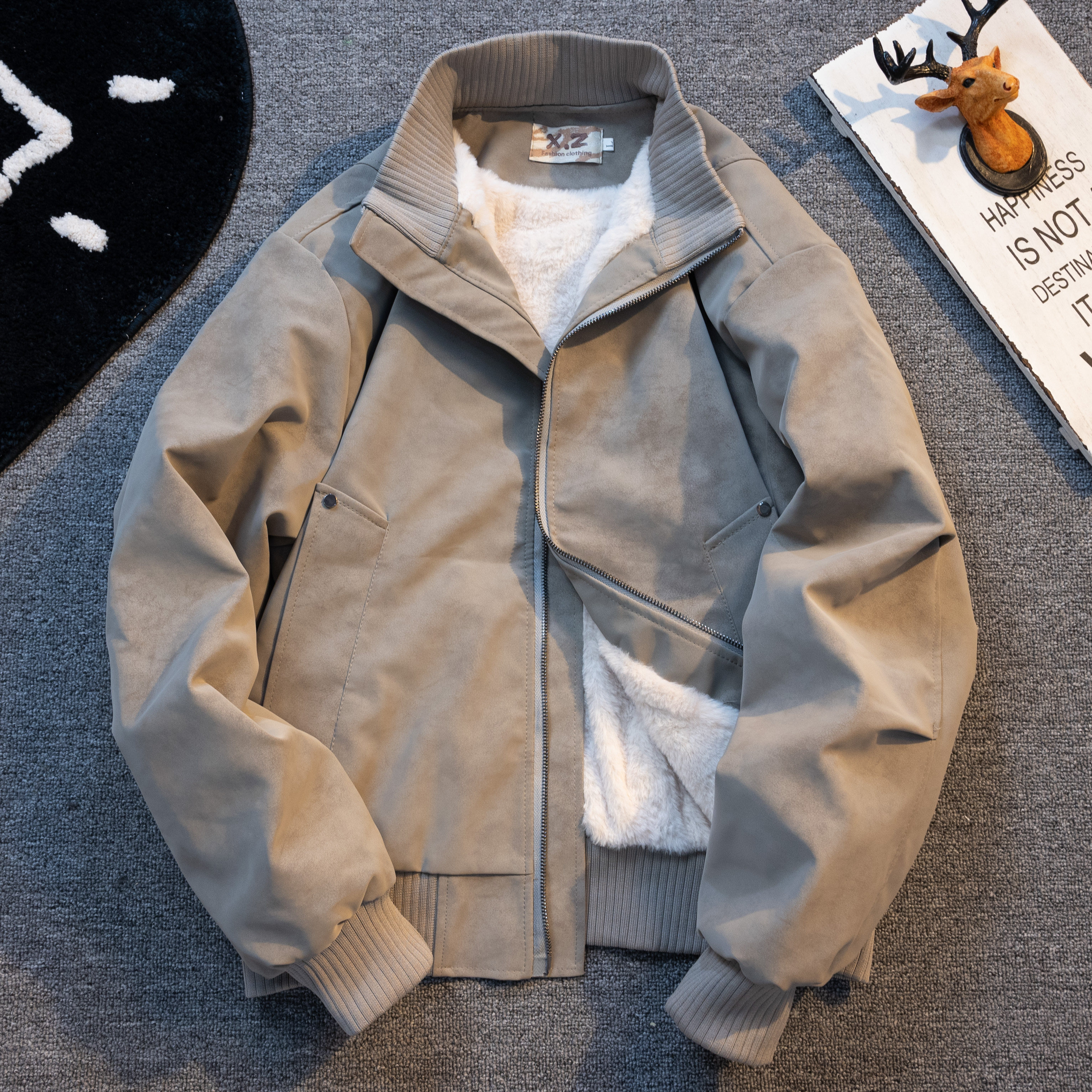 美式复古PU皮衣棉服男款冬季加绒加厚保暖防寒立领机车服棉衣外套