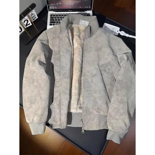 浅灰色扎染短款立领夹克棉服男冬季羊羔绒内里加厚棒球服潮牌外套