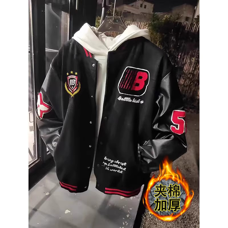 美式高街徽章刺绣棒球服男秋冬新款加厚夹棉棉衣潮牌痞帅宽松夹克