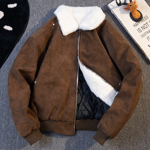 美式巴恩风羊羔绒PU皮棉衣男冬季美拉德咖色加厚棉服男士冬装外套