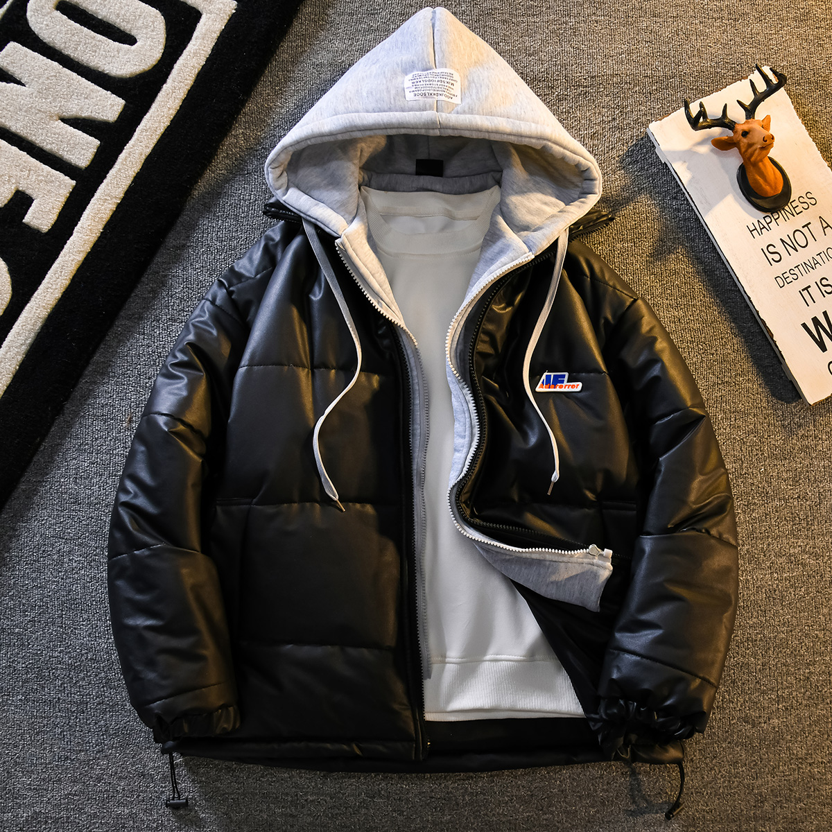 美式pu皮棉服男冬季连帽加厚假两件保暖外套潮牌黑色防寒保暖棉袄