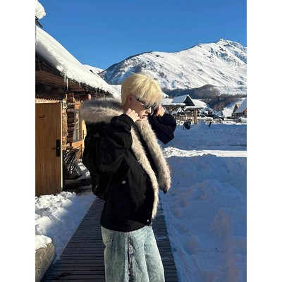 美式高街座山雕连帽毛领棉服男冬季重磅帆布宽松加厚毛绒夹克外套