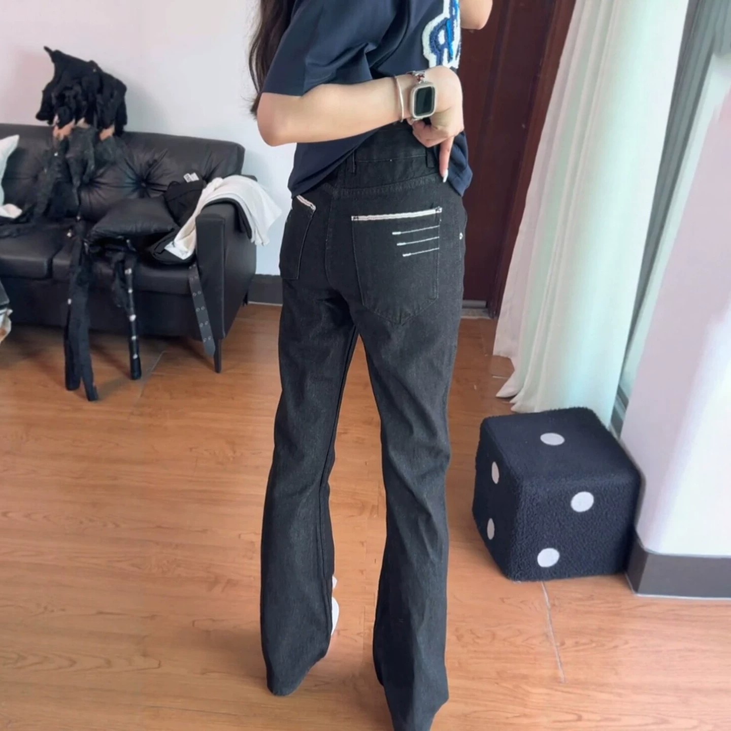 黑色四线原牛刺绣牛仔裤男款秋季美式高街vibe裤子修身直筒微喇裤图片