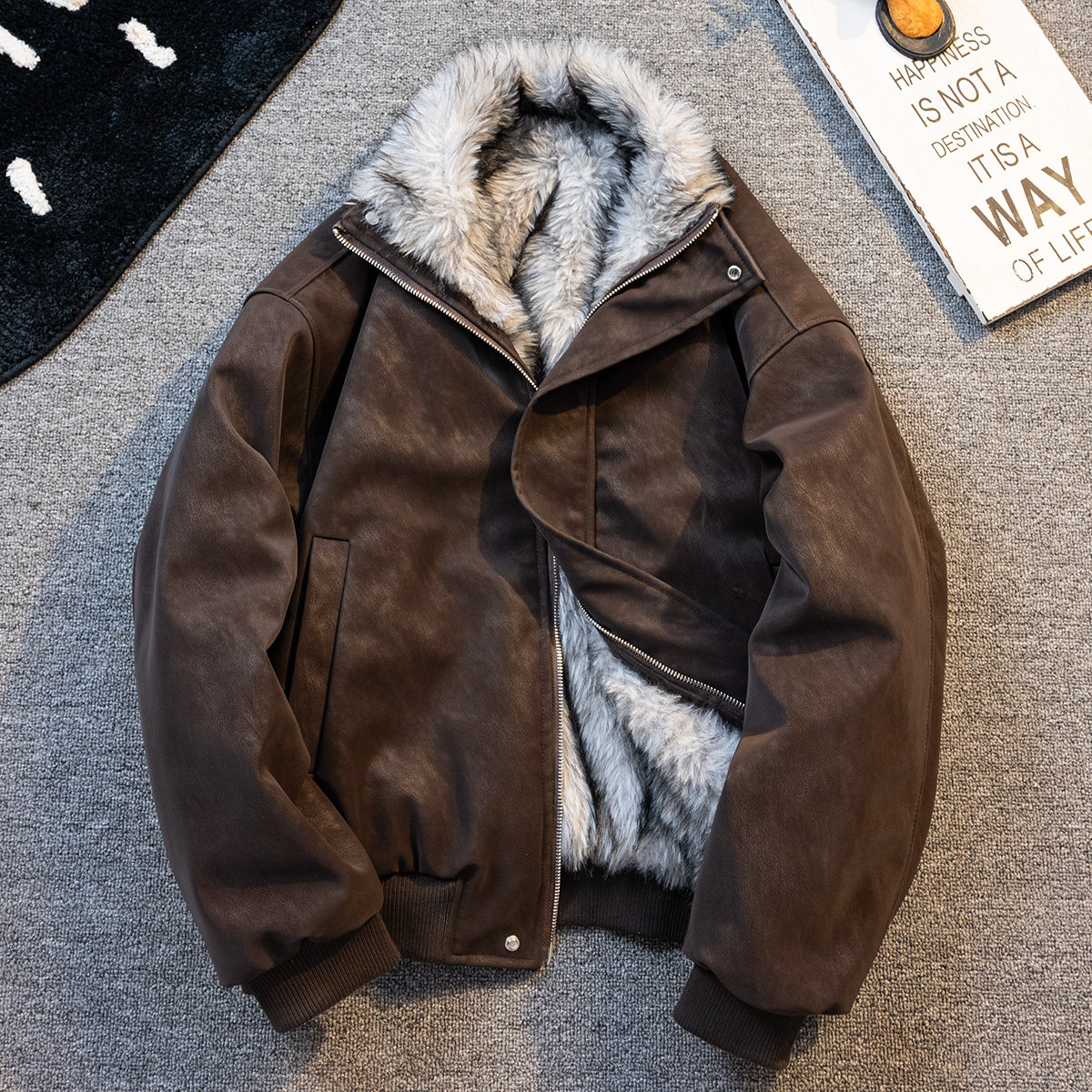 美式毛领座山雕棉服外套男冬季加绒加厚夹克棕色保暖立领短款皮衣