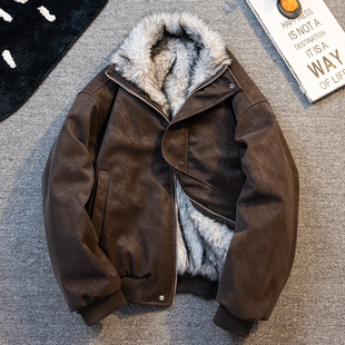 美式毛领座山雕棉服外套男冬季加绒加厚夹克棕色保暖立领短款皮衣