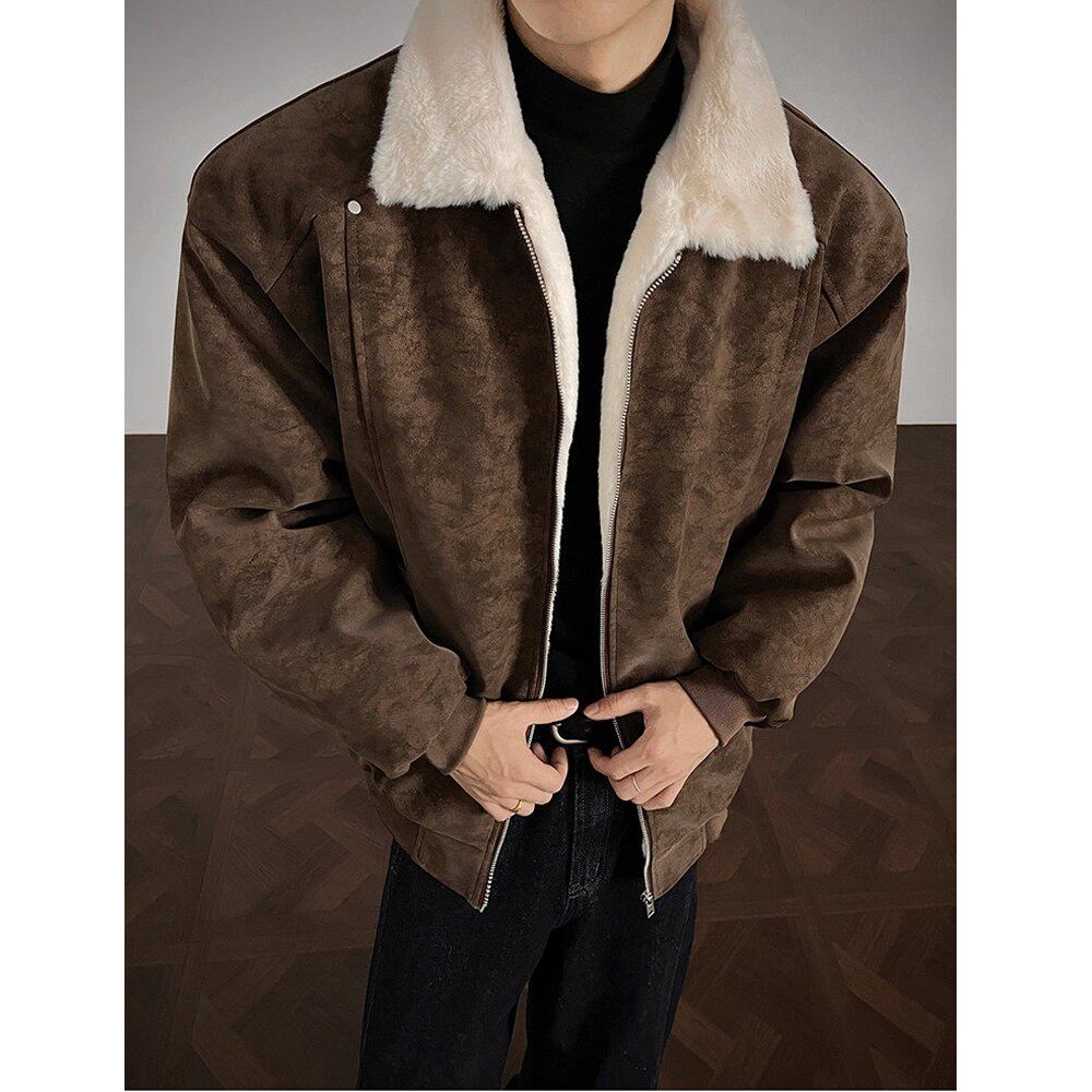 美拉德咖色设计感铆钉皮棉服男冬季新款高街痞帅绒毛翻领加厚棉衣