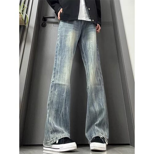 复古蓝竹节闪电纹微喇牛仔裤男款春季美式高街vibe裤子百搭直筒裤