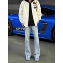 直筒修身 男秋季 显瘦裤 子蓝色窄版 美式 微喇裤 高街闪电纹水洗牛仔裤