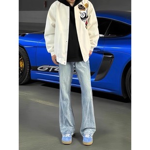 直筒修身 男秋季 显瘦裤 子蓝色窄版 美式 微喇裤 高街闪电纹水洗牛仔裤