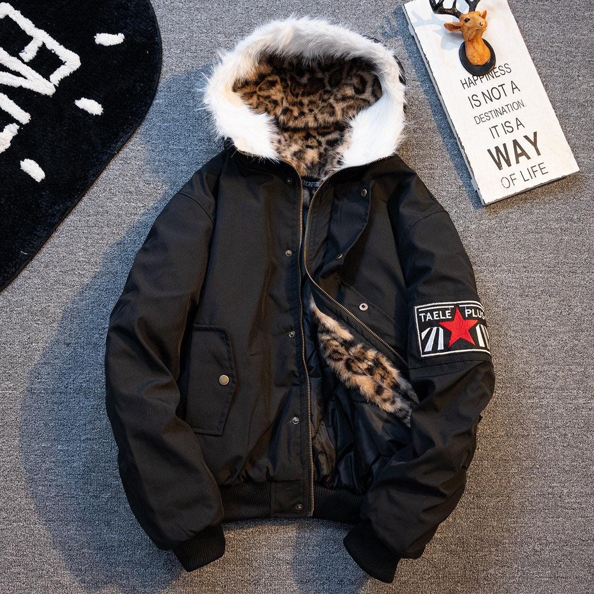 美式复古豹纹连帽毛领加厚棉服男冬季新款红星袖章飞行员夹克棉衣