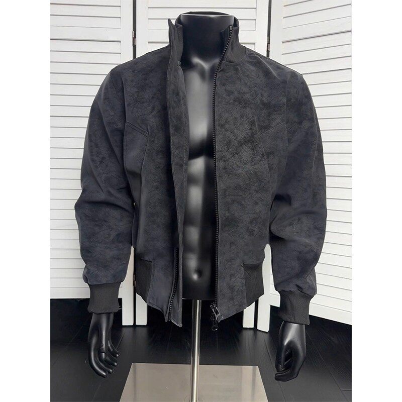 黑色扎染皮衣工装外套男秋冬季美式高级感痞帅防水防风飞行员夹克