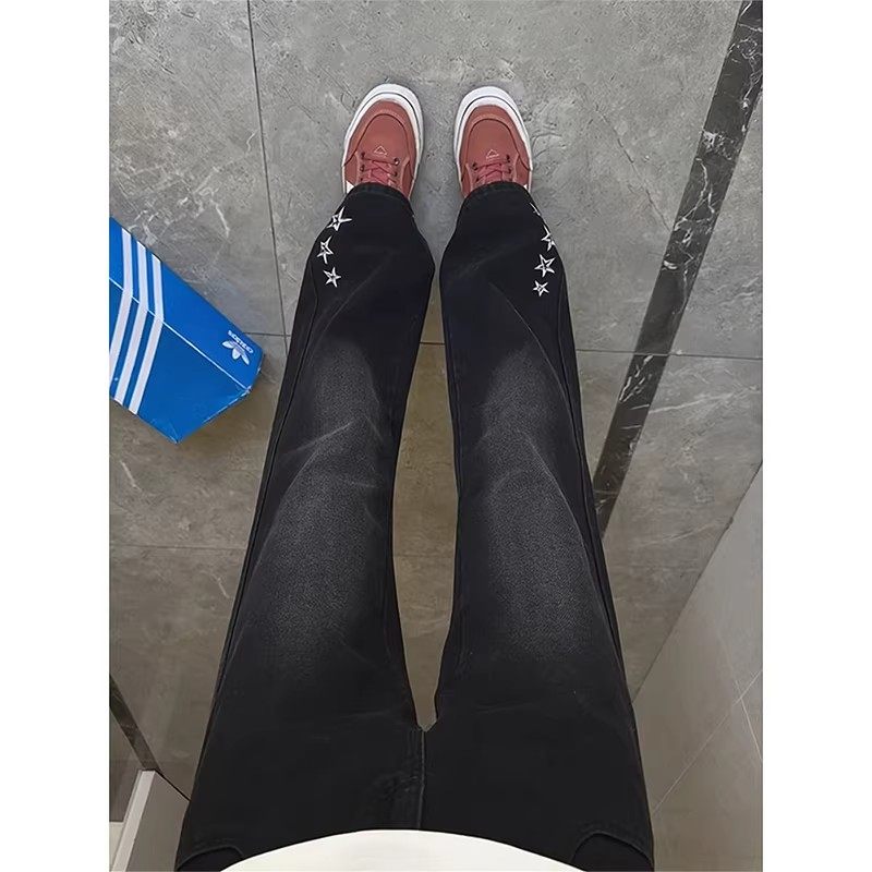 黑色五角星刺绣牛仔裤男秋冬季潮牌痞帅宽松直筒裤美式高街微喇裤,男装,牛仔裤,淘宝优惠券,粉丝福利购,淘宝优惠卷