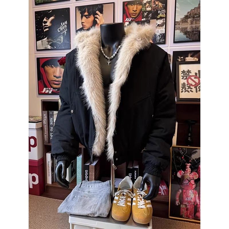 美式毛领连帽座山雕棉衣男冬季保暖加绒加厚棉服cleanfit连帽外套