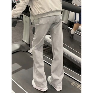美式高街烟灰色弯刀牛仔裤男款夏季显腿长修身裤子显瘦直筒微喇裤