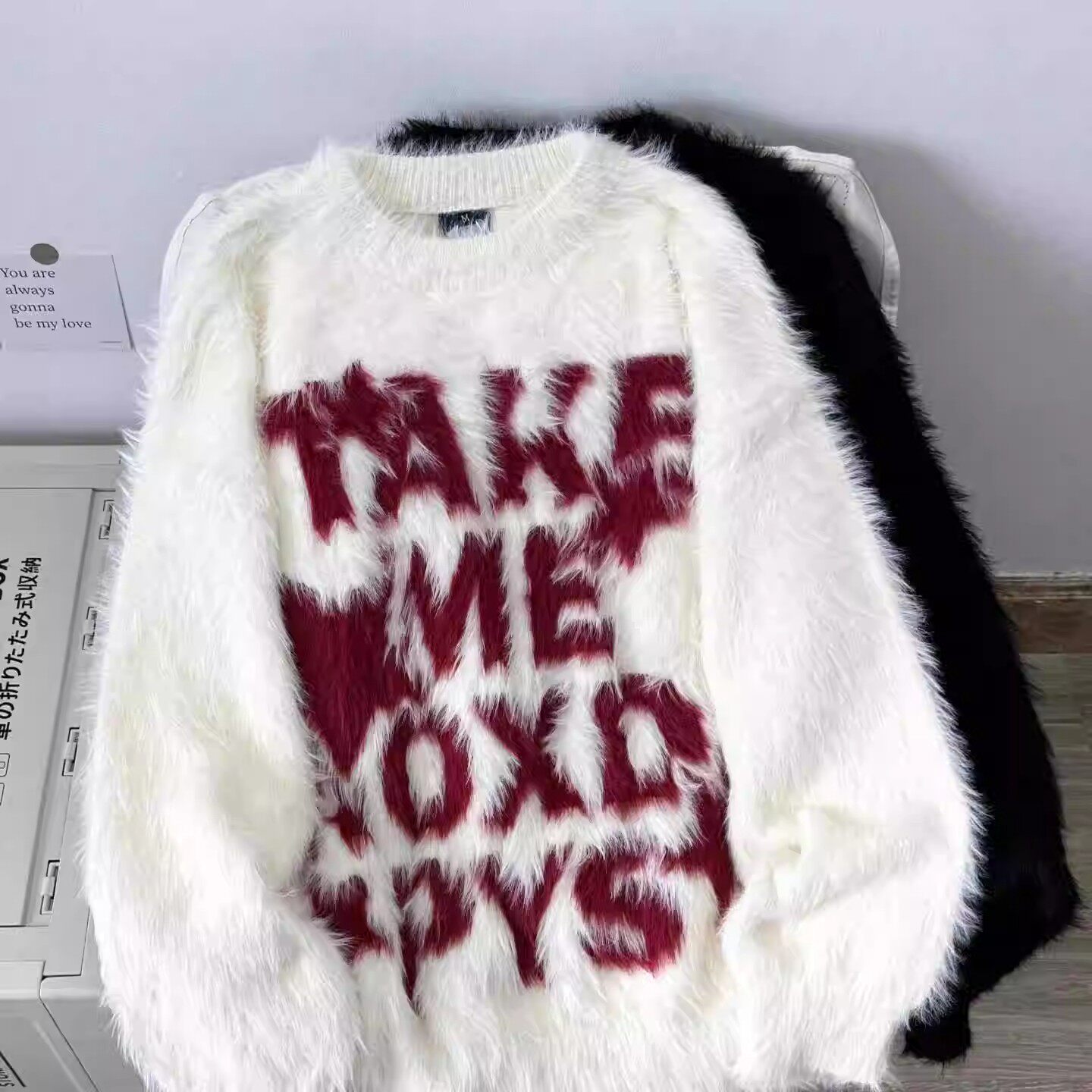 美式街头情侣软糯水貂毛字母毛衣男冬季慵懒垂坠圆领马海毛针织衫