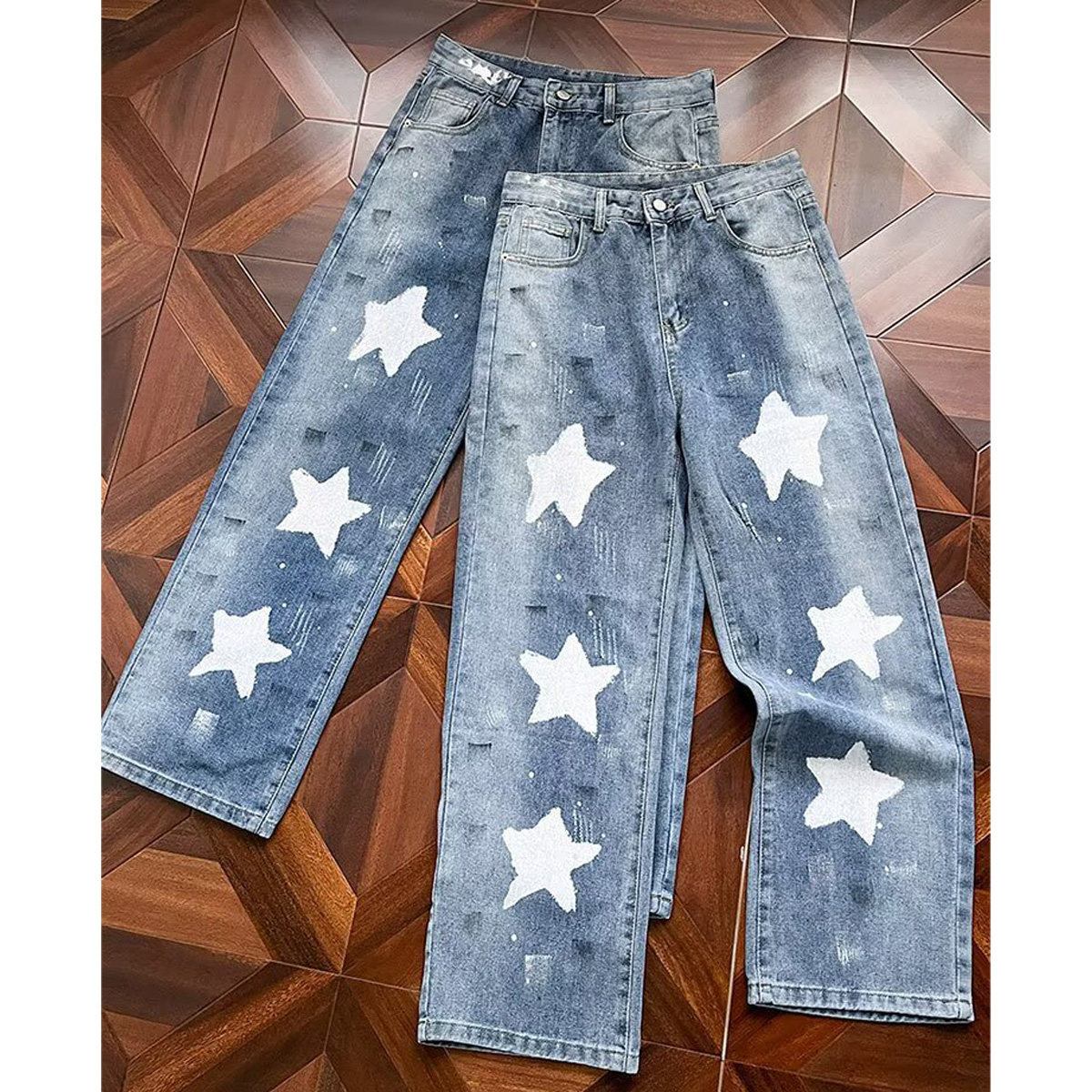 美式高街水洗做旧油漆涂鸦牛仔裤男女五角星宽松直筒阔腿拖地长裤,男装,牛仔裤,淘宝优惠券,粉丝福利购,淘宝优惠卷