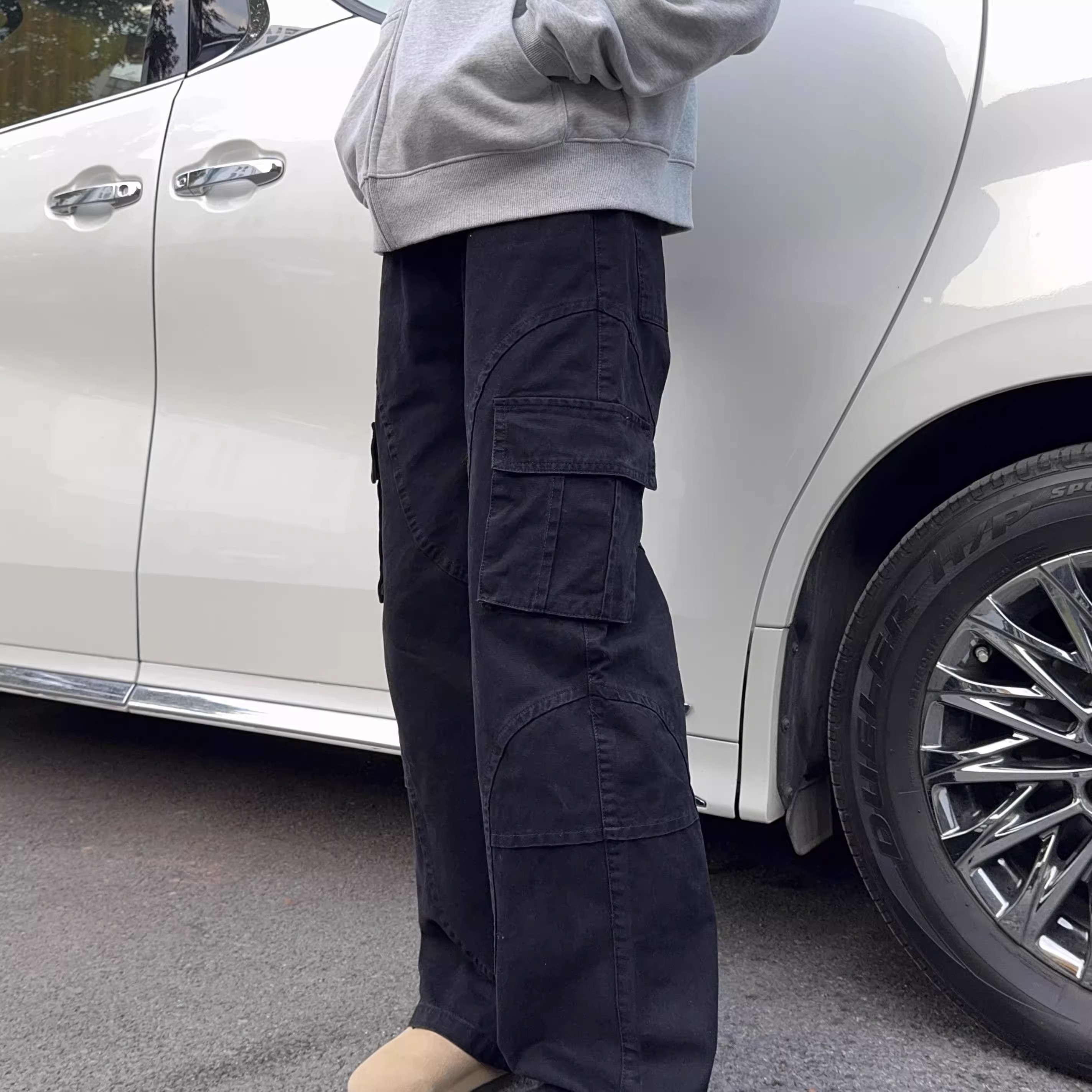 美式多口袋黑色伐木工装裤男女秋季潮牌小众直筒阔腿宽松休闲长裤
