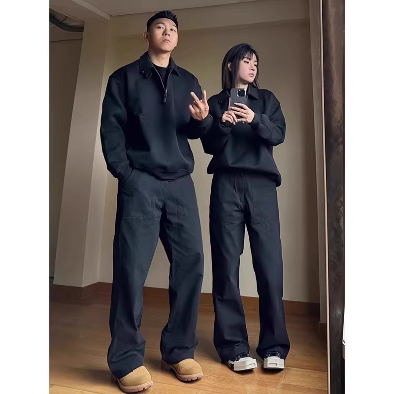 美式高街裤子男款黑色宽松直筒休闲裤cleanfit微喇垂感伐木工装裤