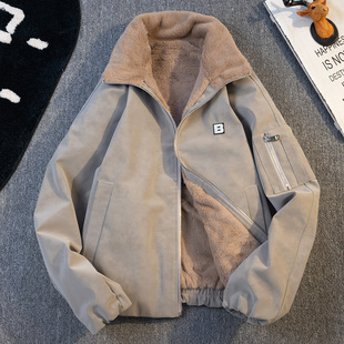 美式灰色仿兔毛绒加厚棉衣服男冬季潮牌痞帅宽松保暖PU皮机车外套