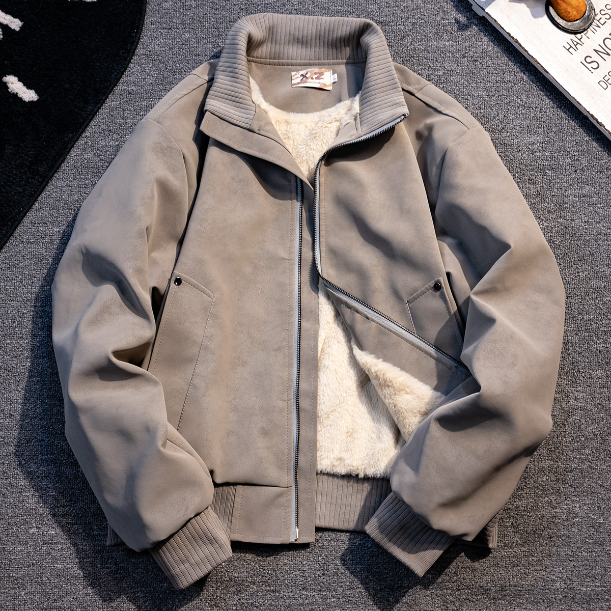 美式复古PU皮衣棉服男款冬季加绒加厚保暖防寒立领机车服棉衣外套