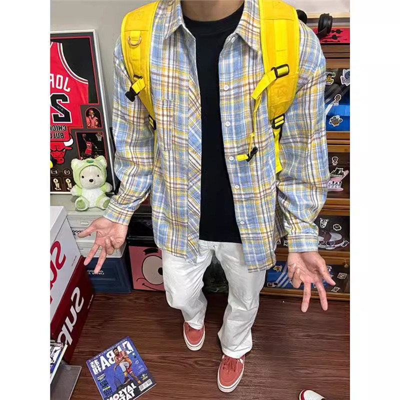 美式复古黄蓝色磨毛格子衬衫男夏季薄款格纹情侣宽松长袖衬衣外套
