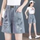 牛仔短裤 女夏季 2025年新款 松紧腰大码 刺绣显瘦阔腿四五分中裤 子潮