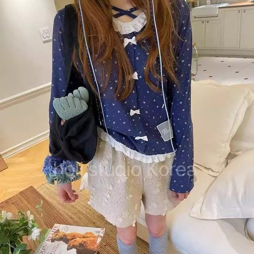 现~韩国东大门代购 boutique 秋季新款绿墙家 长袖T恤蝴蝶结碎花