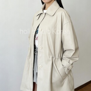 韩国代购东大门代购over nice新款纯色风衣抽绳收腰/宽松皮衣外套
