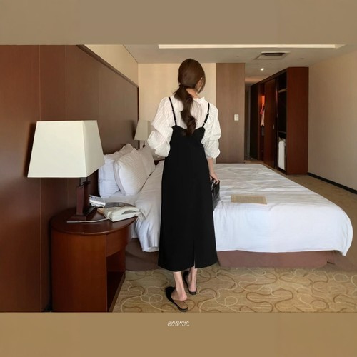 SALE 原265韩国代购bowtie新款黑色吊带连衣裙收腰高级ins风