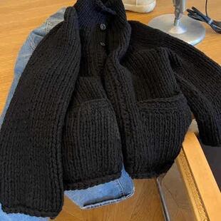 冬季 商场撤柜女装 黑色卷边双口袋粗线毛衣外套超好看慵懒风针织衫