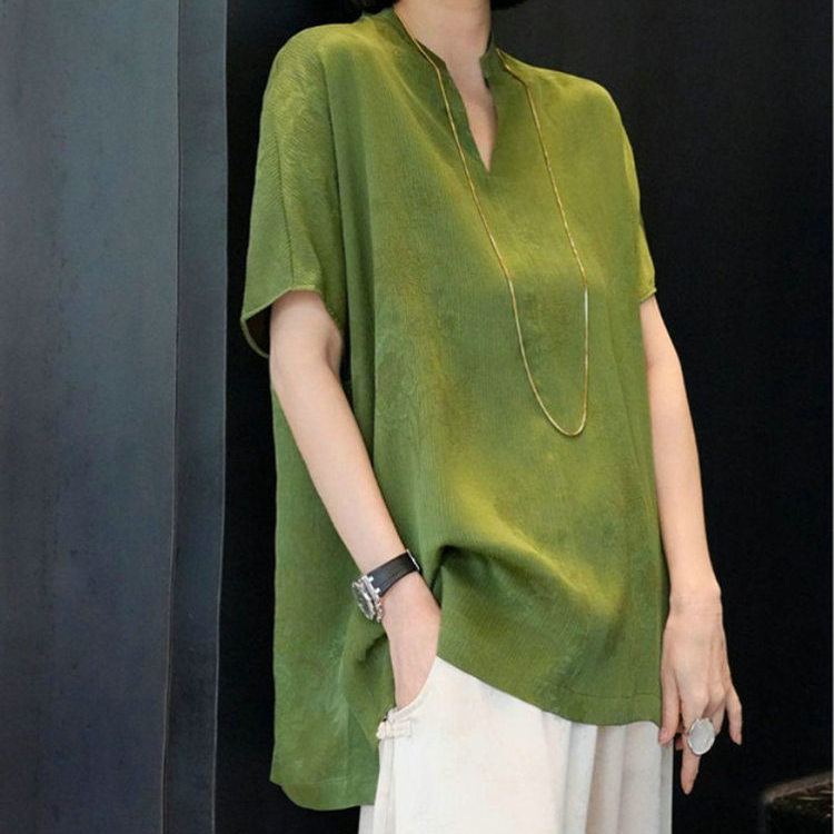 新中式中国风绿色醋酸缎面短袖上衣女2025新款夏季宽松遮肚子衬衫