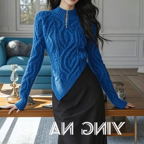 专柜撤回洋气欧货潮时髦套装气质蓝色麻花不规则毛衣半身裙两件套