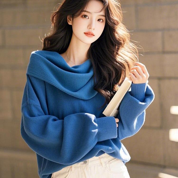 专柜撤回蓝色堆堆领套头卫衣小个子韩系慵懒风时尚洋气高级感上衣