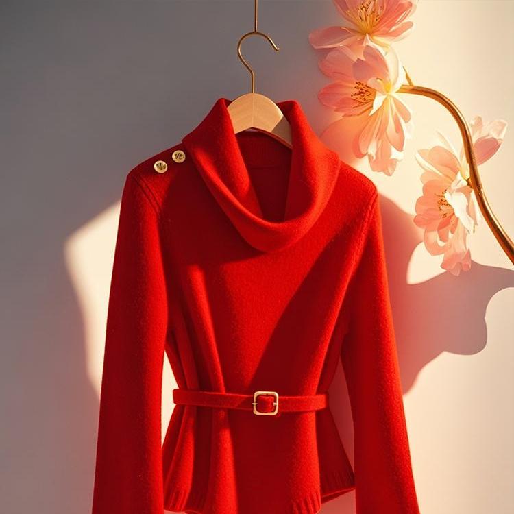 专柜撤回红色荡领毛衣女秋冬高级感独特别致漂亮显瘦保暖针织上衣