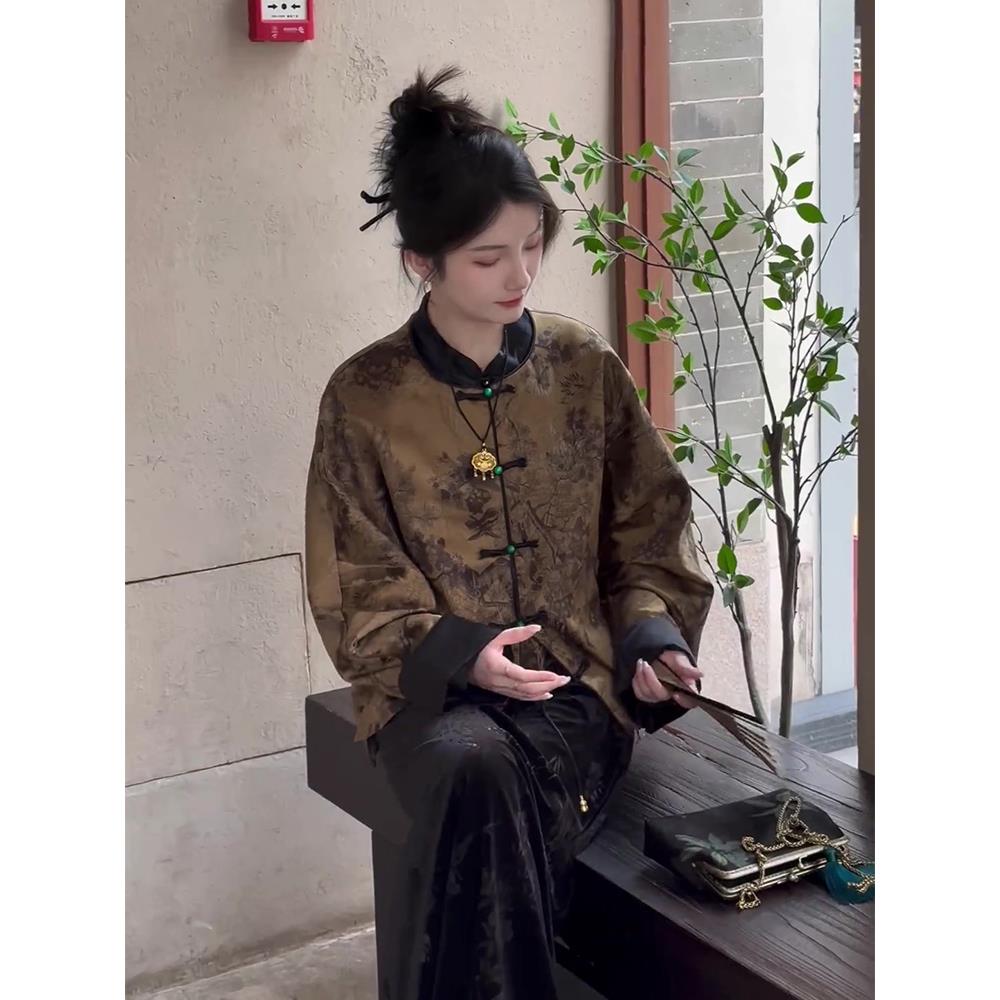 新中式唐装禅意冷情感盘扣外套女春秋新款复古老钱风休闲印花上衣