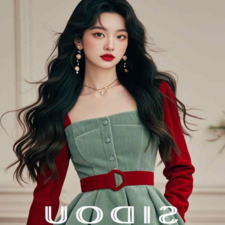 商场撤柜新款女冷淡系独特别致裙子绿色方领拼接袖子灯芯绒连衣裙