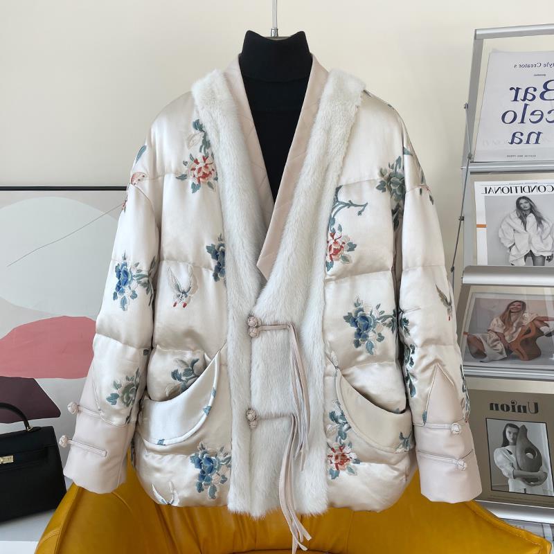 盘扣水貂毛长刺绣国花流苏盘