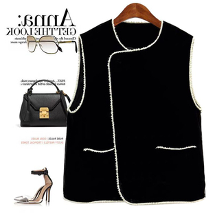 专柜撤回新款 醋酸丝绒珍珠领撞色钉珠斜襟马夹背心女外套 新中式