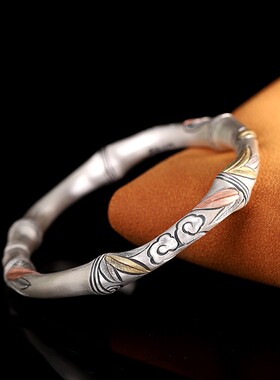 新款泰银复古手工手环足银999篆刻嵌铜竹报平安手镯开口手环