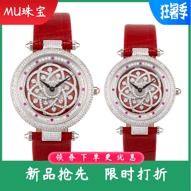 新款时尚满钻真皮女士手表镶钻转盘石英表防水皮带瑞士机芯情侣表