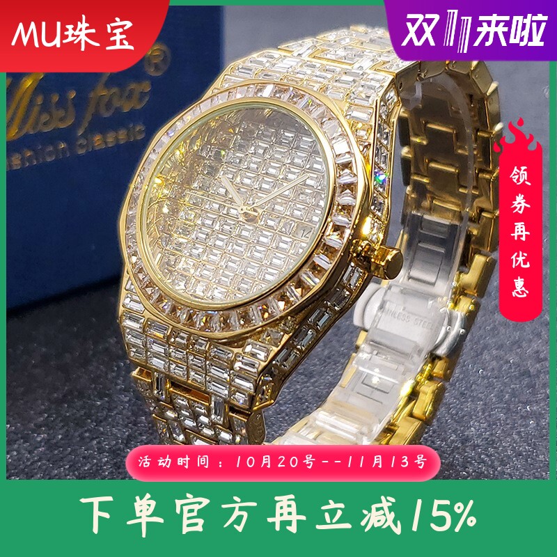 新款 外贸爆款欧美时尚大牌方钻满钻夜光防水石英男士手表